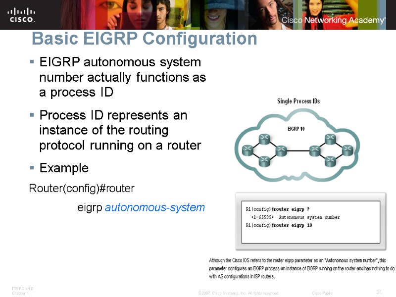 Basic EIGRP Configuration EIGRP autonomous system number actually functions as a process ID Process